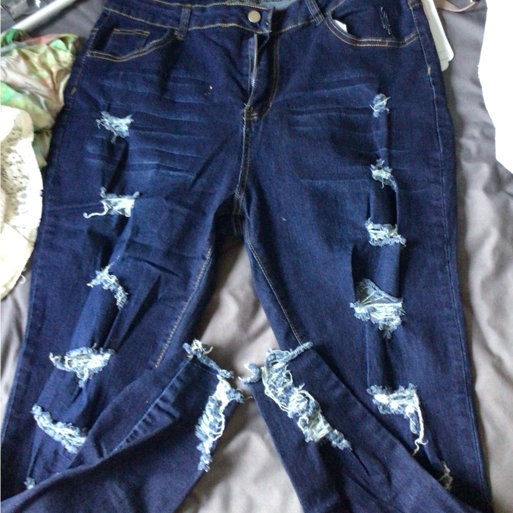 SHEIN Dark Blue Ripped Skinny Jeans